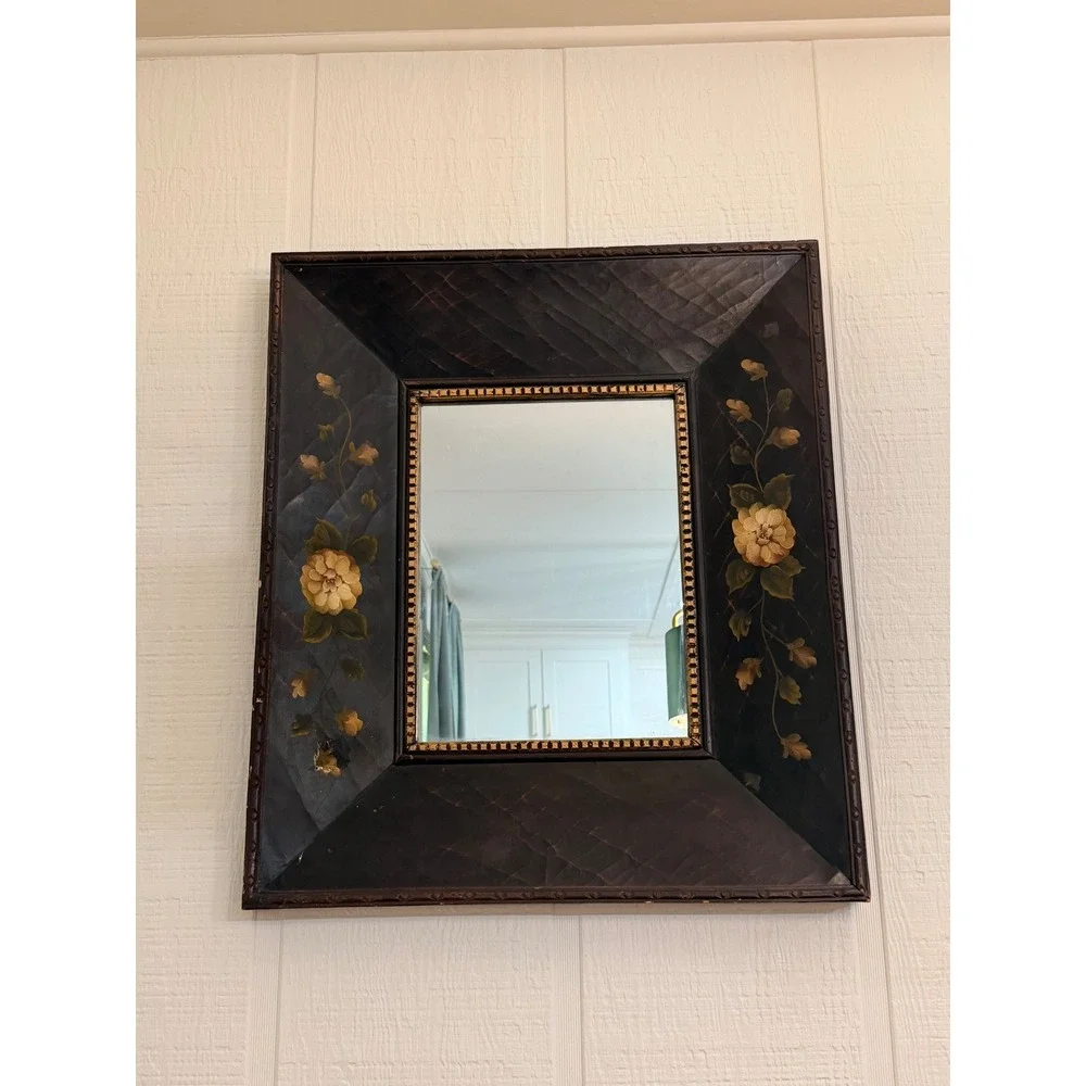 Floral Wall Mirror Misc OS Dark Brown Good Hand Painted Folk Art Decor
